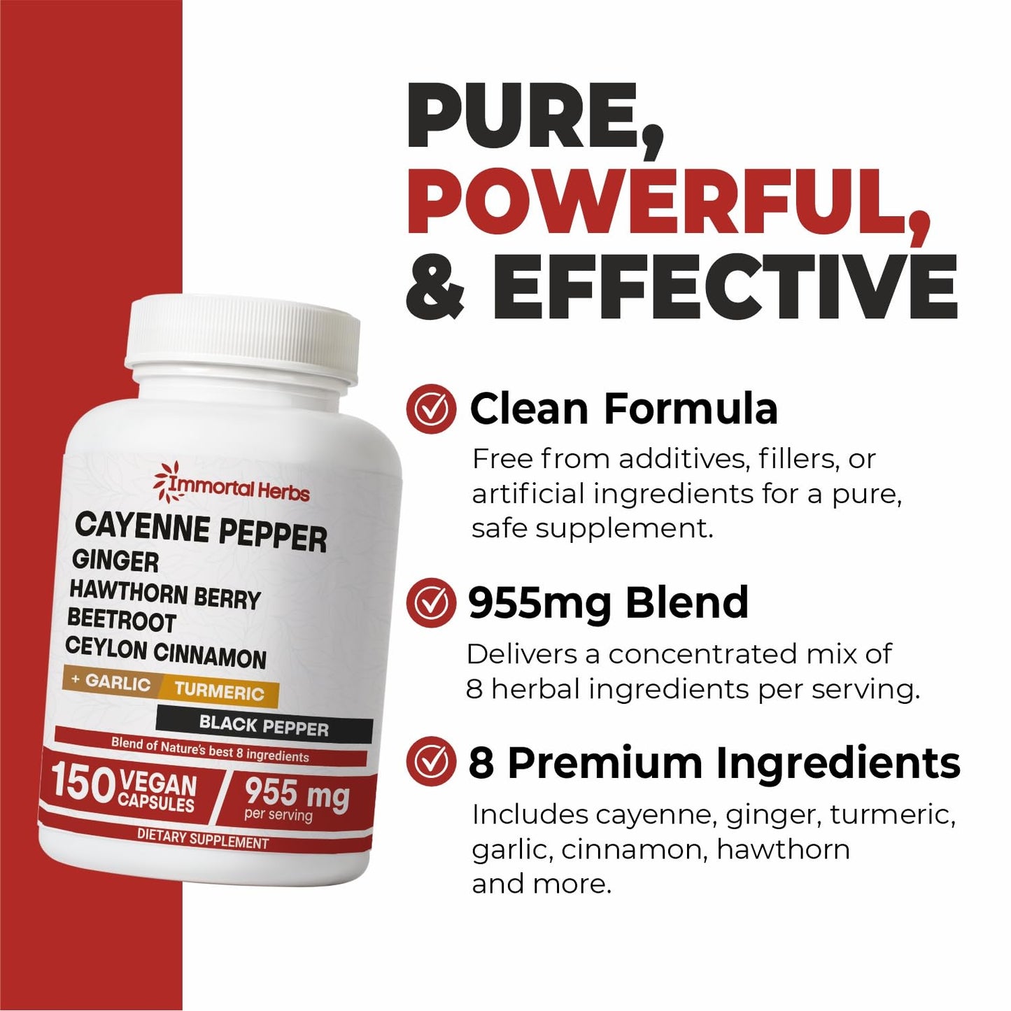 Immortal Herbs Cayenne Pepper Capsules w/Garlic, Ginger, Hawthorn, Turmeric, Cinnamon, Beet Root and Black Pepper Extract, 150 Cayenne Capsules, Non-GMO & Gluten Free Capsaicin Supplement - dailyvitalstore