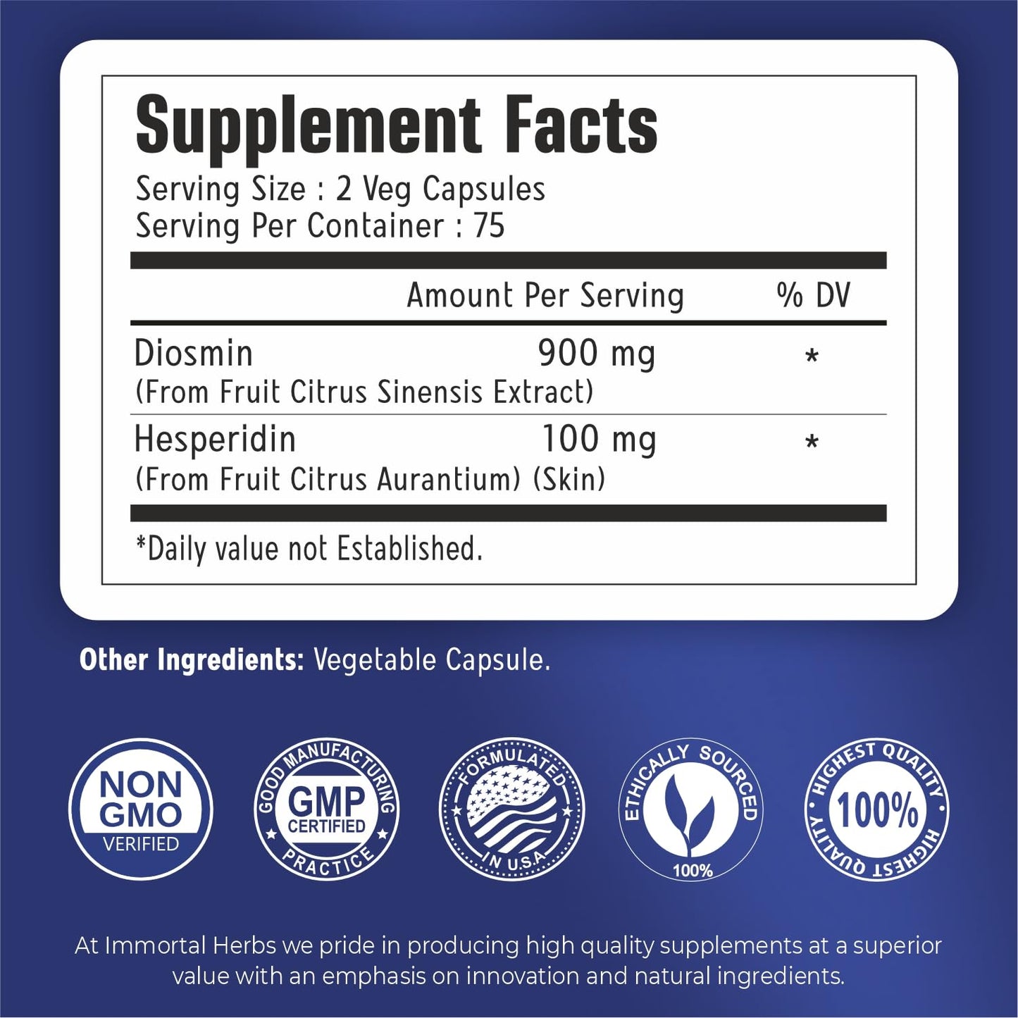 Immortal Herbs Diosmin Hesperidin 1000mg Complex, 150 Capsules, Citrus Bioflavonoids Rich Fruit Extract, 100% Vegetarian, Non-GMO & Gluten Free Diosmin Supplement with Max Strength - dailyvitalstore