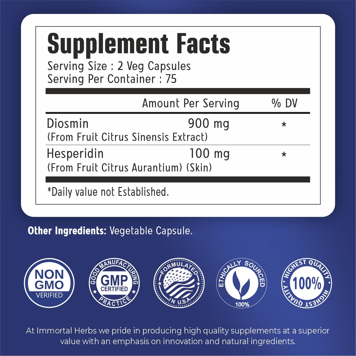Immortal Herbs Diosmin Hesperidin 1000mg Complex, 150 Capsules, Citrus Bioflavonoids Rich Fruit Extract, 100% Vegetarian, Non-GMO & Gluten Free Diosmin Supplement with Max Strength - dailyvitalstore