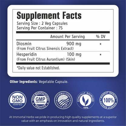 Immortal Herbs Diosmin Hesperidin 1000mg Complex, 150 Capsules, Citrus Bioflavonoids Rich Fruit Extract, 100% Vegetarian, Non-GMO & Gluten Free Diosmin Supplement with Max Strength - dailyvitalstore