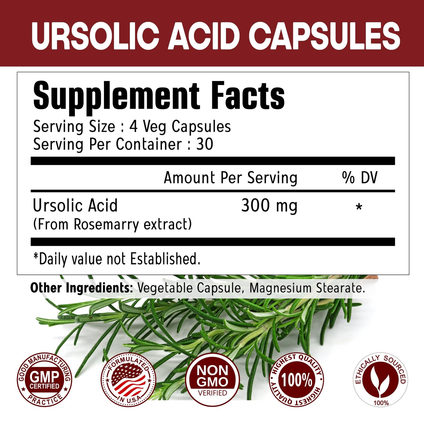 Immortal Herbs Pure Ursolic Acid Supplement 300mg, 120 Pills, Rosemary Leaf Extract Powder, Non-GMO and Gluten-Free Ursolic Acid Capsules for Women and Men - dailyvitalstore