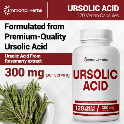 Immortal Herbs Pure Ursolic Acid Supplement 300mg, 120 Pills, Rosemary Leaf Extract Powder, Non-GMO and Gluten-Free Ursolic Acid Capsules for Women and Men - dailyvitalstore