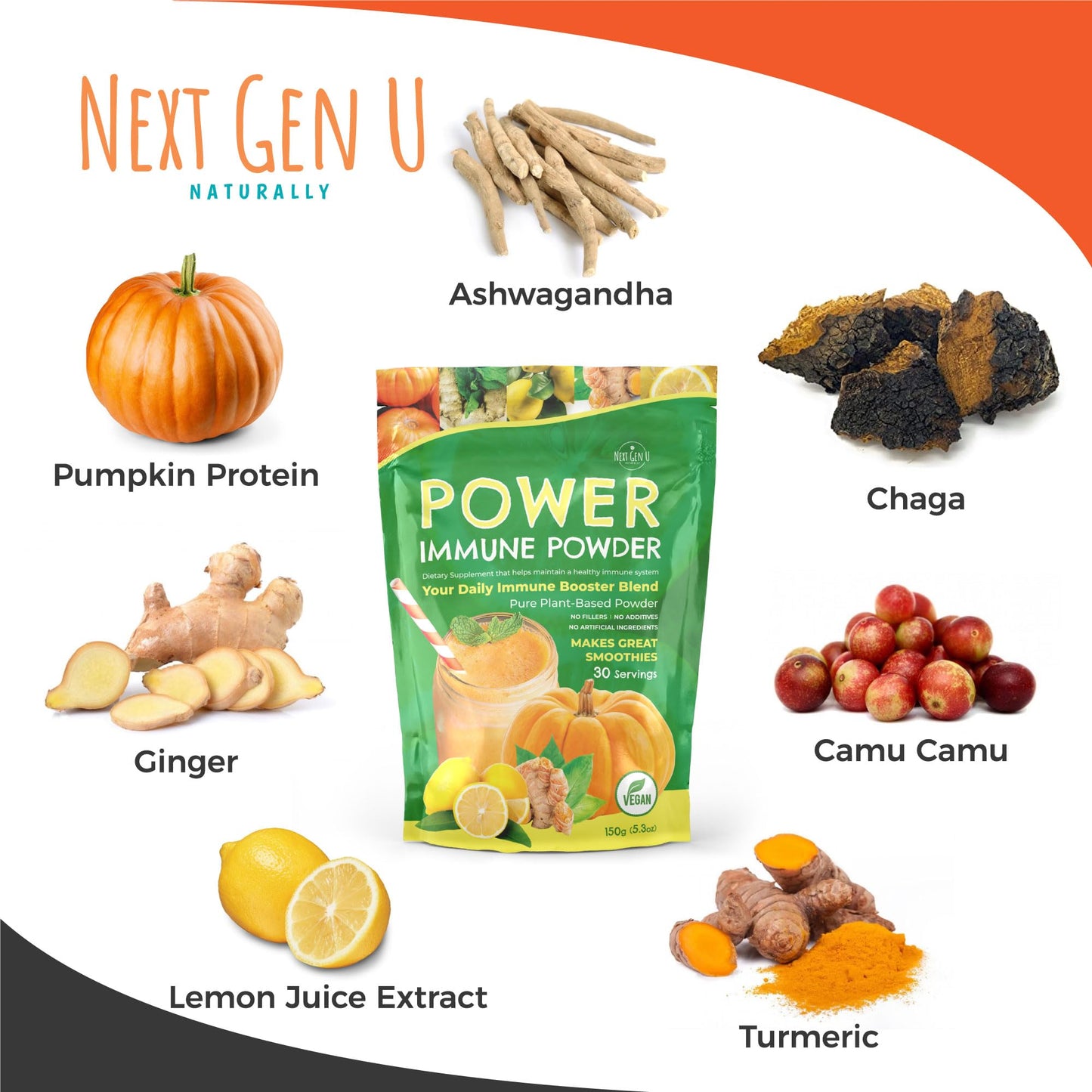 Immune Support - Supplement Powder 150g - Superfood Booster for Adults - Natural Immunity Defense - Daily Drink Mix for Women & Men - Plant Based, Vegan & Gluten Free Smoothie Boost by NextGenU - dailyvitalstore