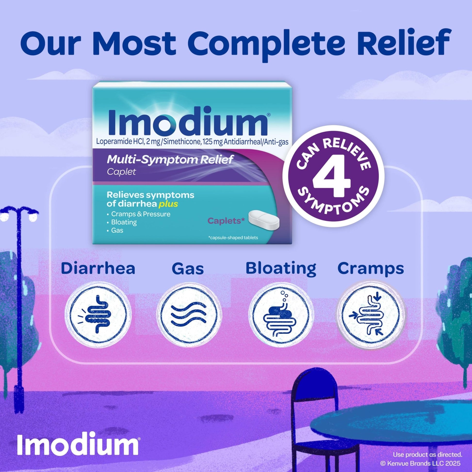 Imodium Multi-Symptom Relief Caplets, Loperamide Hydrochloride & Simethicone Anti-Diarrheal Medicine for the Relief of Diarrhea, Gas, Bloating, Cramps & Pressure, 18 ct - dailyvitalstore