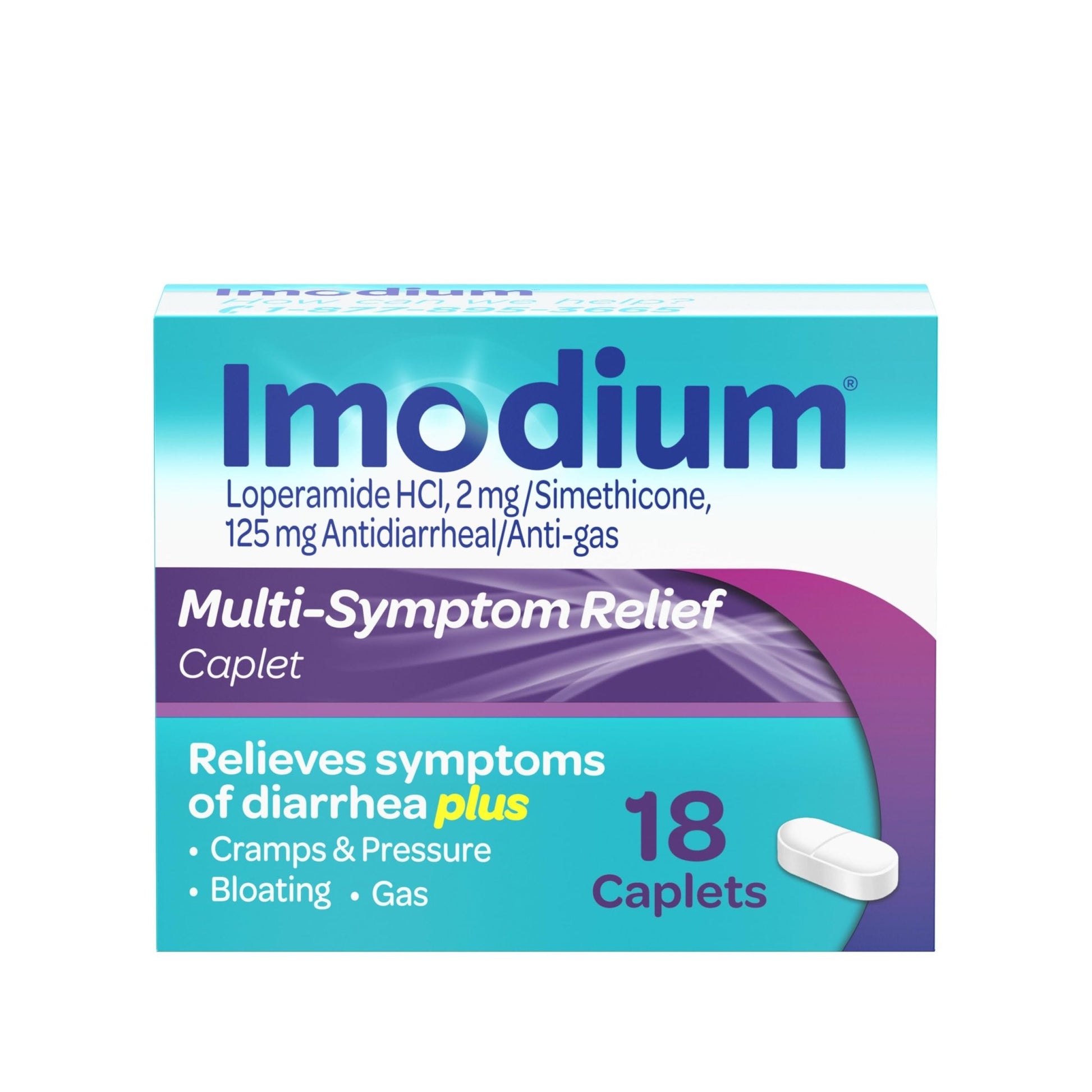 Imodium Multi-Symptom Relief Caplets, Loperamide Hydrochloride & Simethicone Anti-Diarrheal Medicine for the Relief of Diarrhea, Gas, Bloating, Cramps & Pressure, 18 ct - dailyvitalstore