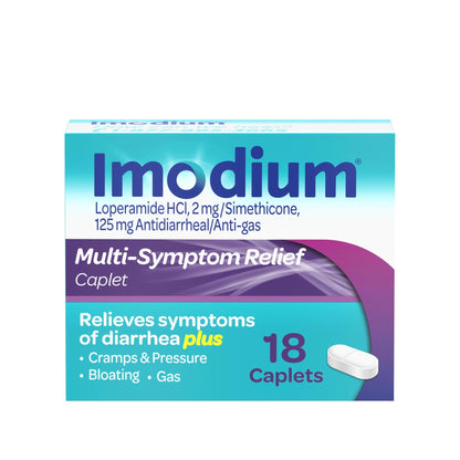 Imodium Multi-Symptom Relief Caplets, Loperamide Hydrochloride & Simethicone Anti-Diarrheal Medicine for the Relief of Diarrhea, Gas, Bloating, Cramps & Pressure, 18 ct - dailyvitalstore