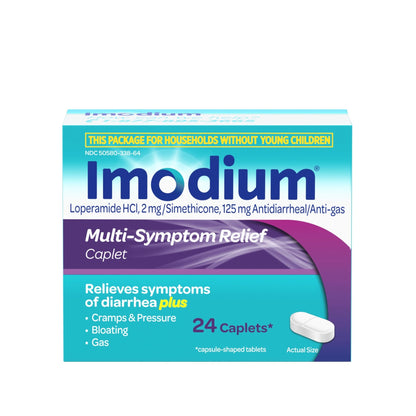 Imodium Multi-Symptom Relief Caplets with Loperamide Hydrochloride & Simethicone, Anti-Diarrheal Medicine for Treatment of Diarrhea, Gas, Bloating, Cramps & Pressure, Traveler's Diarrhea, 24 ct - dailyvitalstore