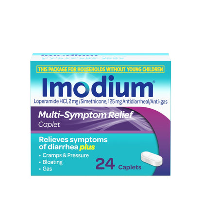 Imodium Multi-Symptom Relief Caplets with Loperamide Hydrochloride & Simethicone, Anti-Diarrheal Medicine for Treatment of Diarrhea, Gas, Bloating, Cramps & Pressure, Traveler's Diarrhea, 24 ct - dailyvitalstore