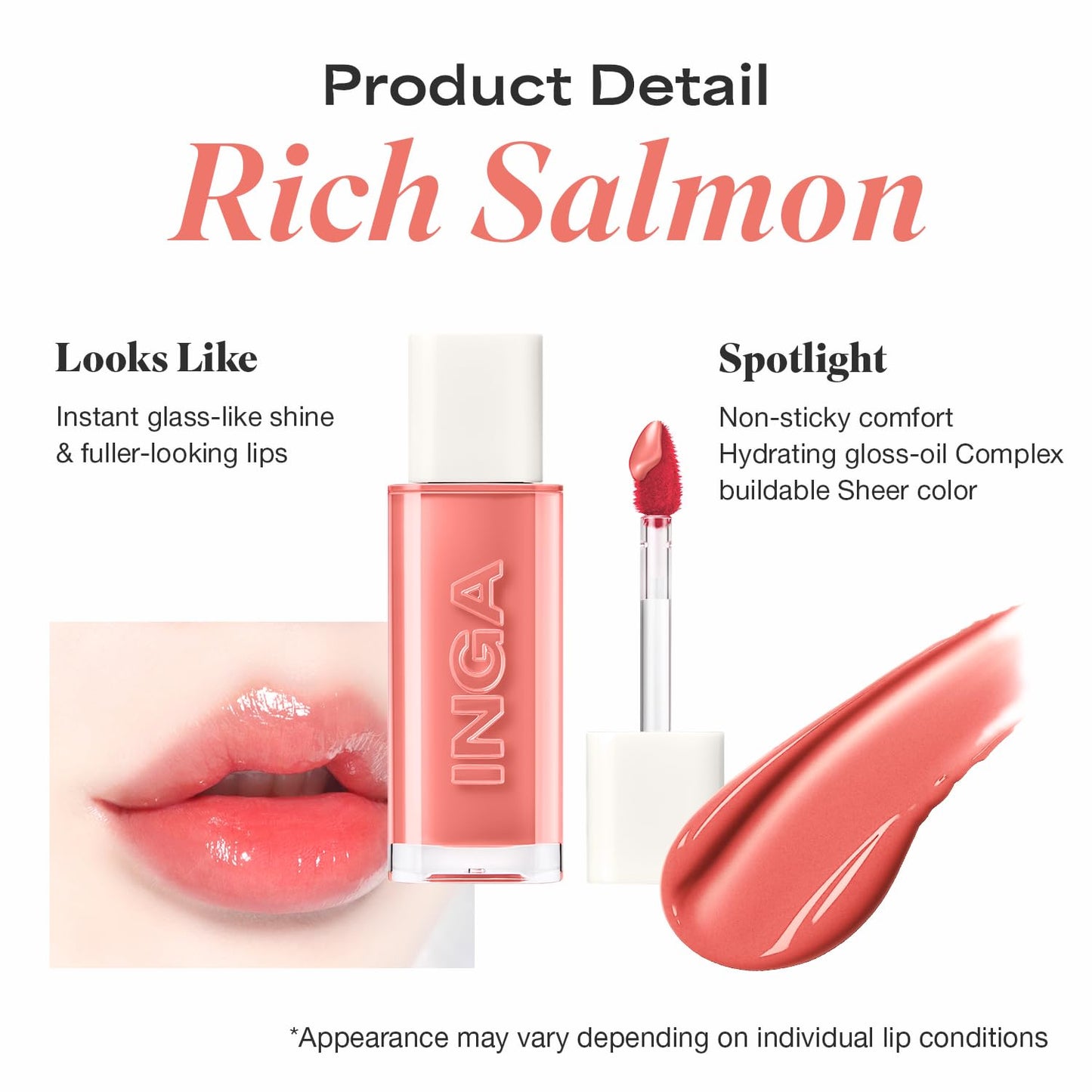 INGA Water Glow Lip Tint | Hydrating, Glossy Korean Lip Tint with Sheer Color & Glass-Like Shine | Long-Lasting, Non-Sticky Korean Lip Stain (RICH SALMON) - dailyvitalstore