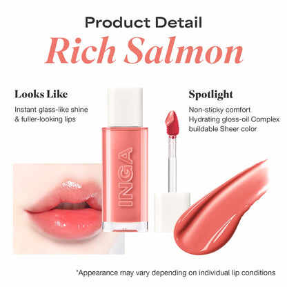 INGA Water Glow Lip Tint | Hydrating, Glossy Korean Lip Tint with Sheer Color & Glass-Like Shine | Long-Lasting, Non-Sticky Korean Lip Stain (RICH SALMON) - dailyvitalstore