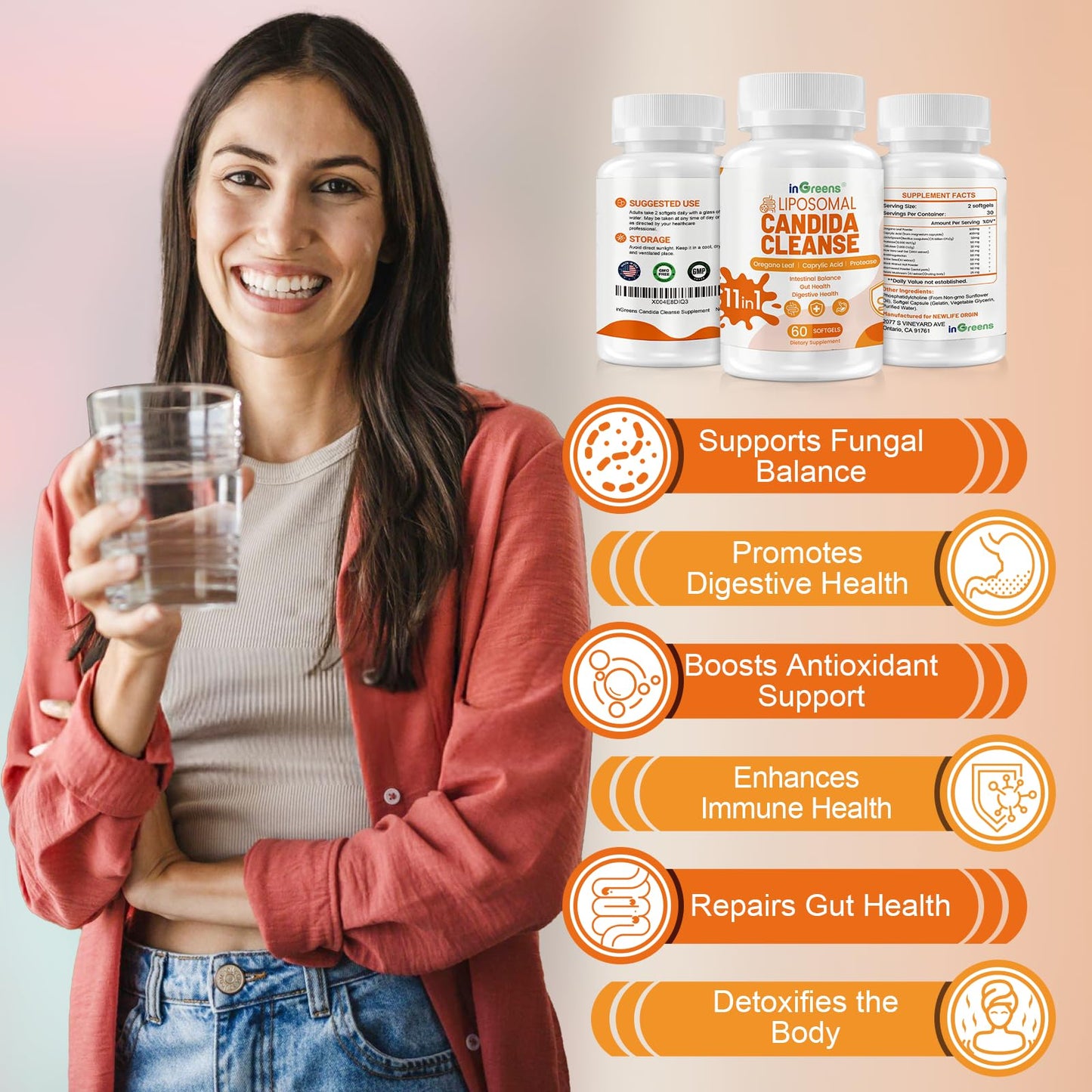 inGreens 11-in-1 Candida Support Supplement, Antifungal Overgrowth, Intestinal Detox & Gut Health for Women & Men, Balance Probiotic - dailyvitalstore