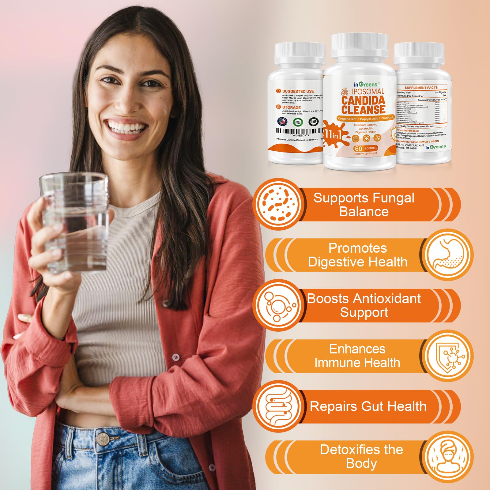 inGreens 11-in-1 Candida Support Supplement, Antifungal Overgrowth, Intestinal Detox & Gut Health for Women & Men, Balance Probiotic - dailyvitalstore