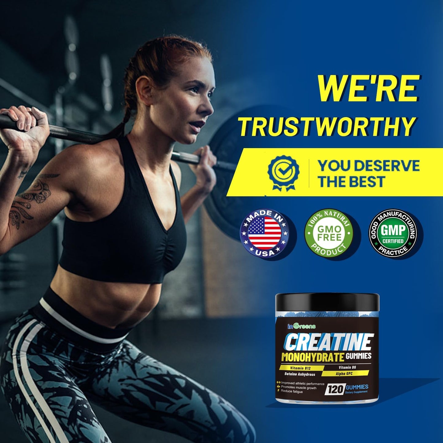 inGreens Creatine Monohydrate Gummies 6g per Serving, Sugar Free Creatine Supplements for Men & Women, Chewable Creatine for Muscle Growth, Strength, Energy - dailyvitalstore
