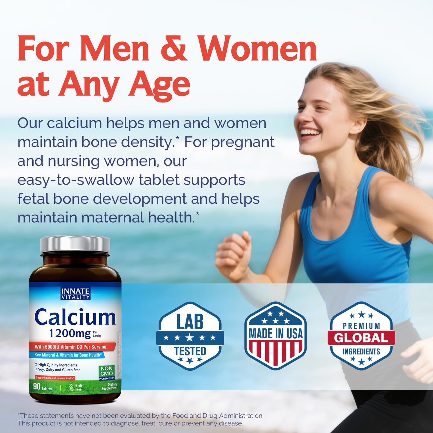 Innate Vitality Calcium 1200 mg with Vitamin D3, 5000IU Vitamin D3, Absorbable Calcium Supplement, Non GMO, No Gluten, for Bone, Immunity, 90 Tablets - dailyvitalstore