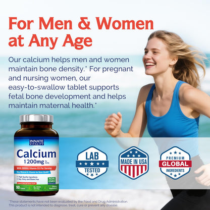 Innate Vitality Calcium 1200 mg with Vitamin D3, 5000IU Vitamin D3, Absorbable Calcium Supplement, Non GMO, No Gluten, for Bone, Immunity, 90 Tablets - dailyvitalstore