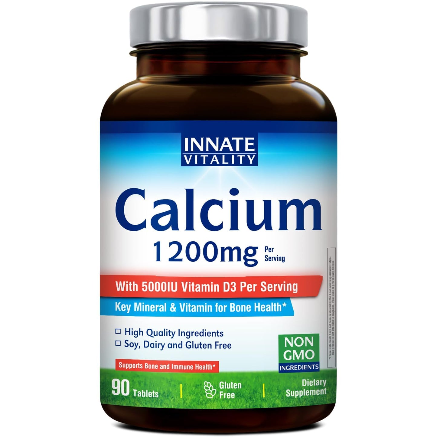 Innate Vitality Calcium 1200 mg with Vitamin D3, 5000IU Vitamin D3, Absorbable Calcium Supplement, Non GMO, No Gluten, for Bone, Immunity, 90 Tablets - dailyvitalstore