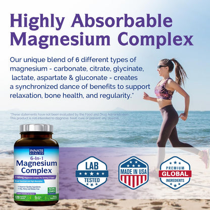 Innate Vitality Magnesium Complex 6-in-1, 1160mg Per Serving, Rest & Digestion, Magnesium Glycinate & Citrate, High Absorption, 120 Vegan Capsules - dailyvitalstore