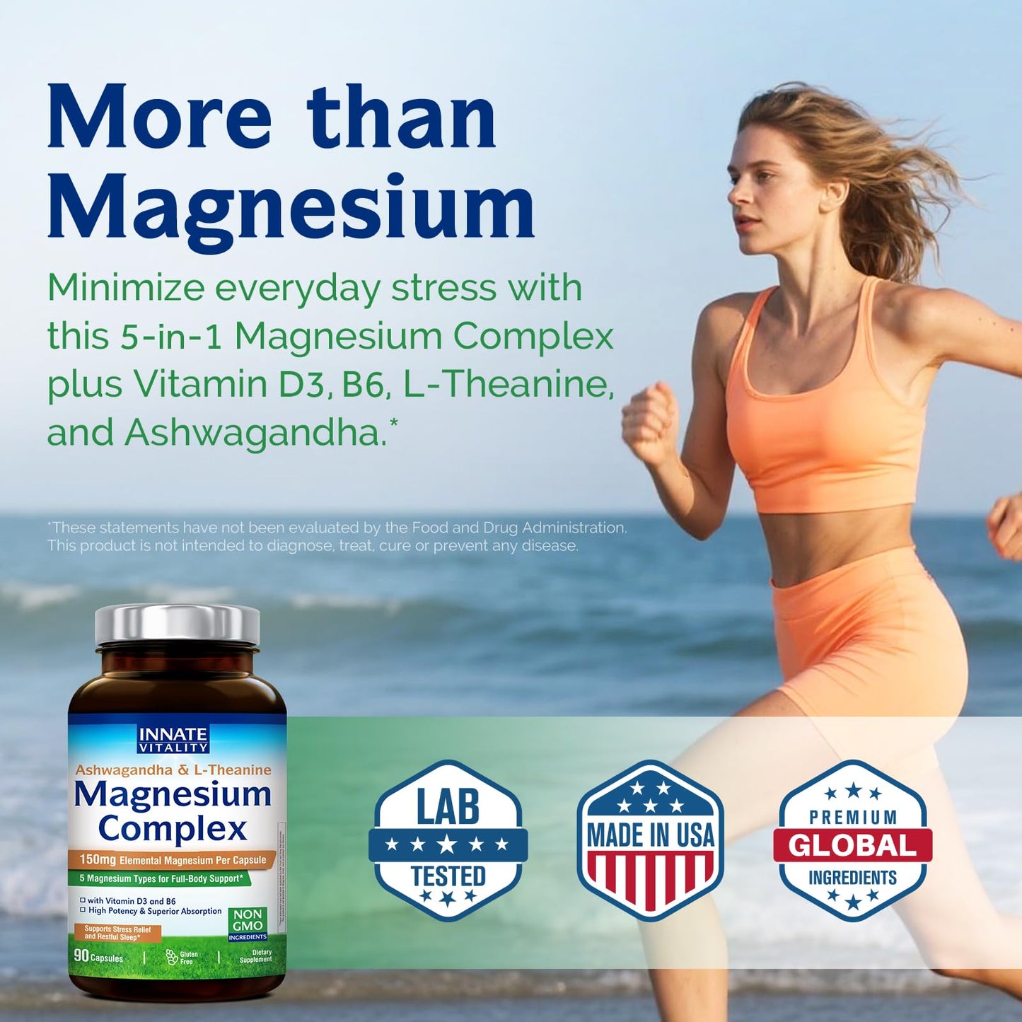 Innate Vitality Magnesium Complex, Magnesium Glycinate Citrate Malate Taurate with Ashwagandha L-Theanine Vitamin D3 & B6, High Absorption, Full Spectrum, Bones Stress Sleep Support, 90 caps - dailyvitalstore