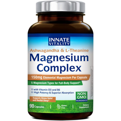 Innate Vitality Magnesium Complex, Magnesium Glycinate Citrate Malate Taurate with Ashwagandha L-Theanine Vitamin D3 & B6, High Absorption, Full Spectrum, Bones Stress Sleep Support, 90 caps - dailyvitalstore