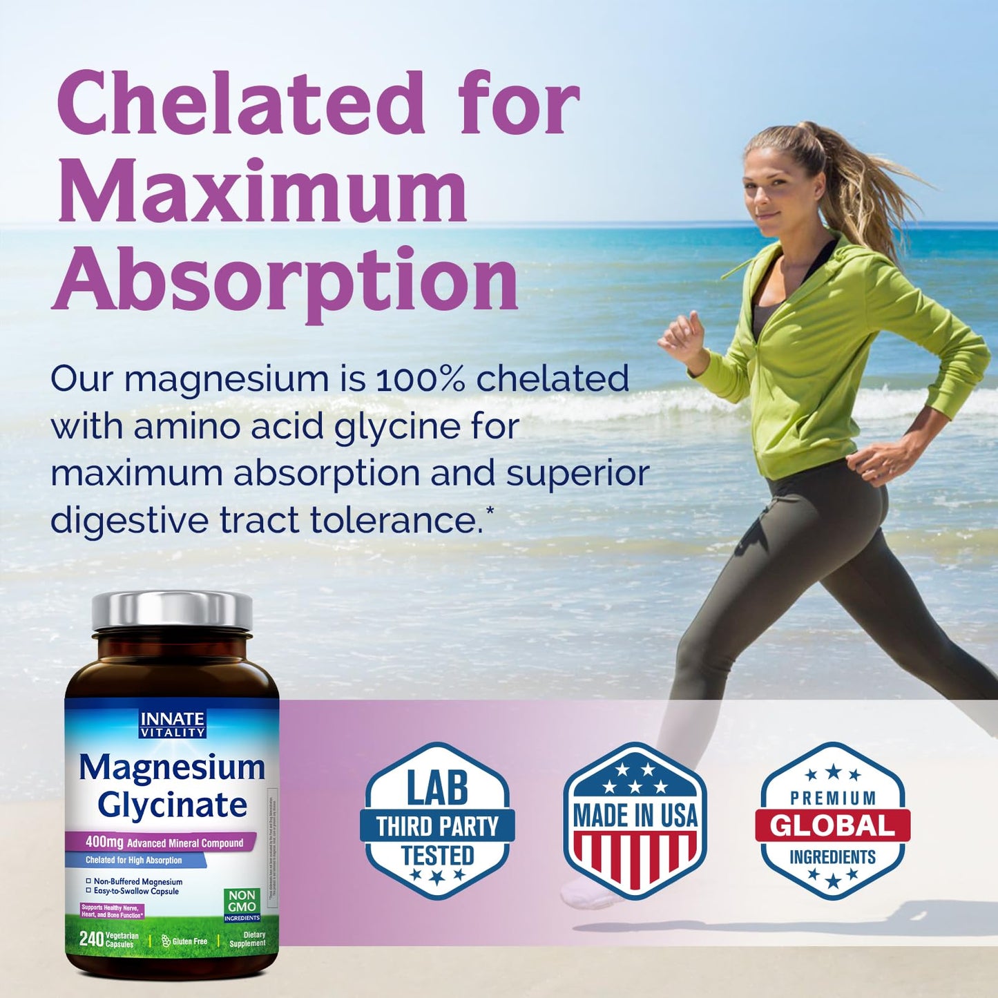 Innate Vitality Magnesium Glycinate 400mg, Non Buffered & High Absorption Magnesium Supplement for Sleep, Relaxation, Heart & Bone Health for Men & Women, Non-GMO, No Gluten, 240 Vegan Capsules - dailyvitalstore