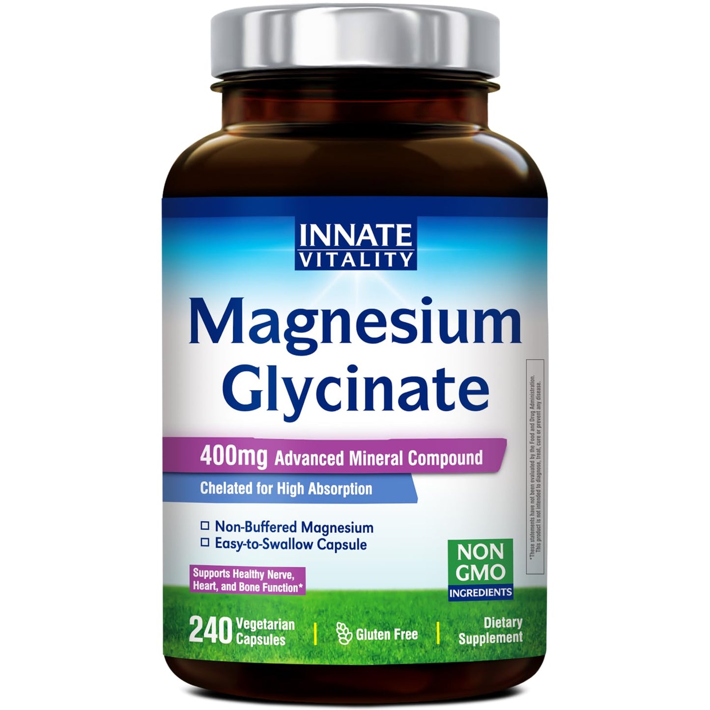 Innate Vitality Magnesium Glycinate 400mg, Non Buffered & High Absorption Magnesium Supplement for Sleep, Relaxation, Heart & Bone Health for Men & Women, Non-GMO, No Gluten, 240 Vegan Capsules - dailyvitalstore