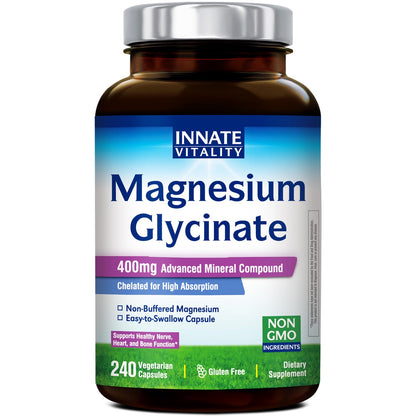 Innate Vitality Magnesium Glycinate 400mg, Non Buffered & High Absorption Magnesium Supplement for Sleep, Relaxation, Heart & Bone Health for Men & Women, Non-GMO, No Gluten, 240 Vegan Capsules - dailyvitalstore