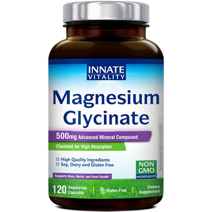 Innate Vitality Magnesium Glycinate 500mg | 70mg Elemental Magnesium Supplement - High Absorption, Non Buffered, Non-GMO & No Gluten - Vegan - Nerve Health - 120 Capsules (Pack of 1) - dailyvitalstore