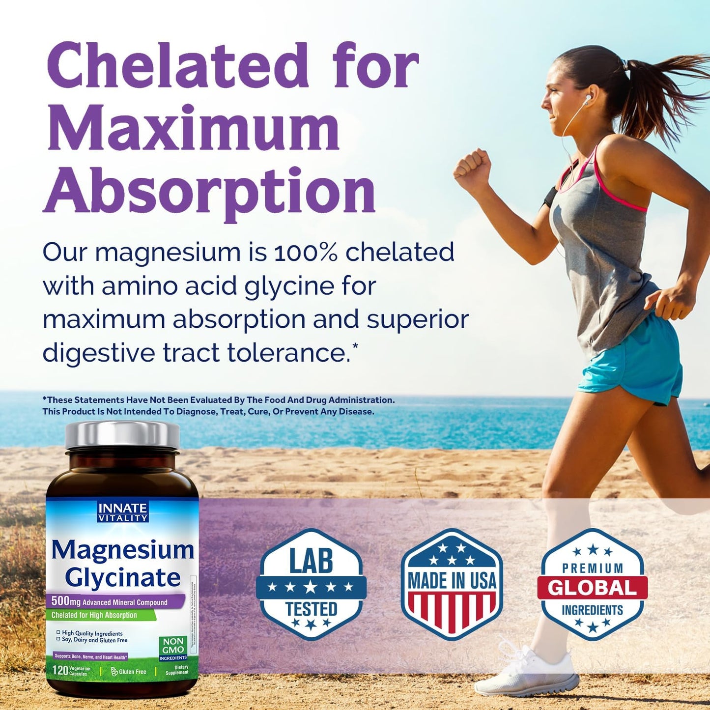 Innate Vitality Magnesium Glycinate 500mg | 70mg Elemental Magnesium Supplement - High Absorption, Non Buffered, Non-GMO & No Gluten - Vegan - Nerve Health - 120 Capsules (Pack of 1) - dailyvitalstore