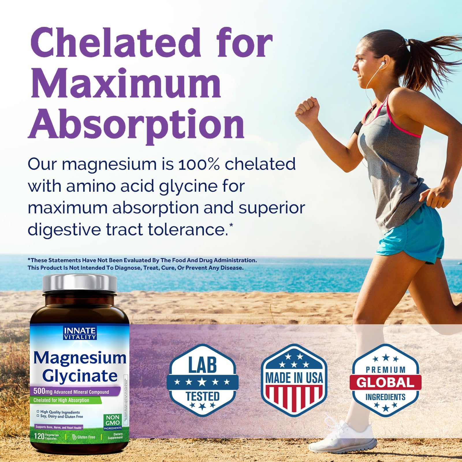 Innate Vitality Magnesium Glycinate 500mg | 70mg Elemental Magnesium Supplement - High Absorption, Non Buffered, Non-GMO & No Gluten - Vegan - Nerve Health - 120 Capsules (Pack of 1) - dailyvitalstore