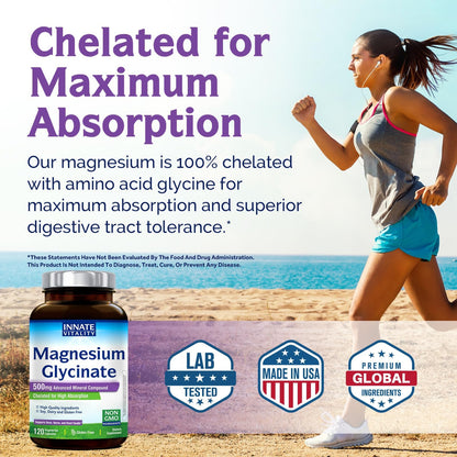 Innate Vitality Magnesium Glycinate 500mg | 70mg Elemental Magnesium Supplement - High Absorption, Non Buffered, Non-GMO & No Gluten - Vegan - Nerve Health - 120 Capsules (Pack of 1) - dailyvitalstore