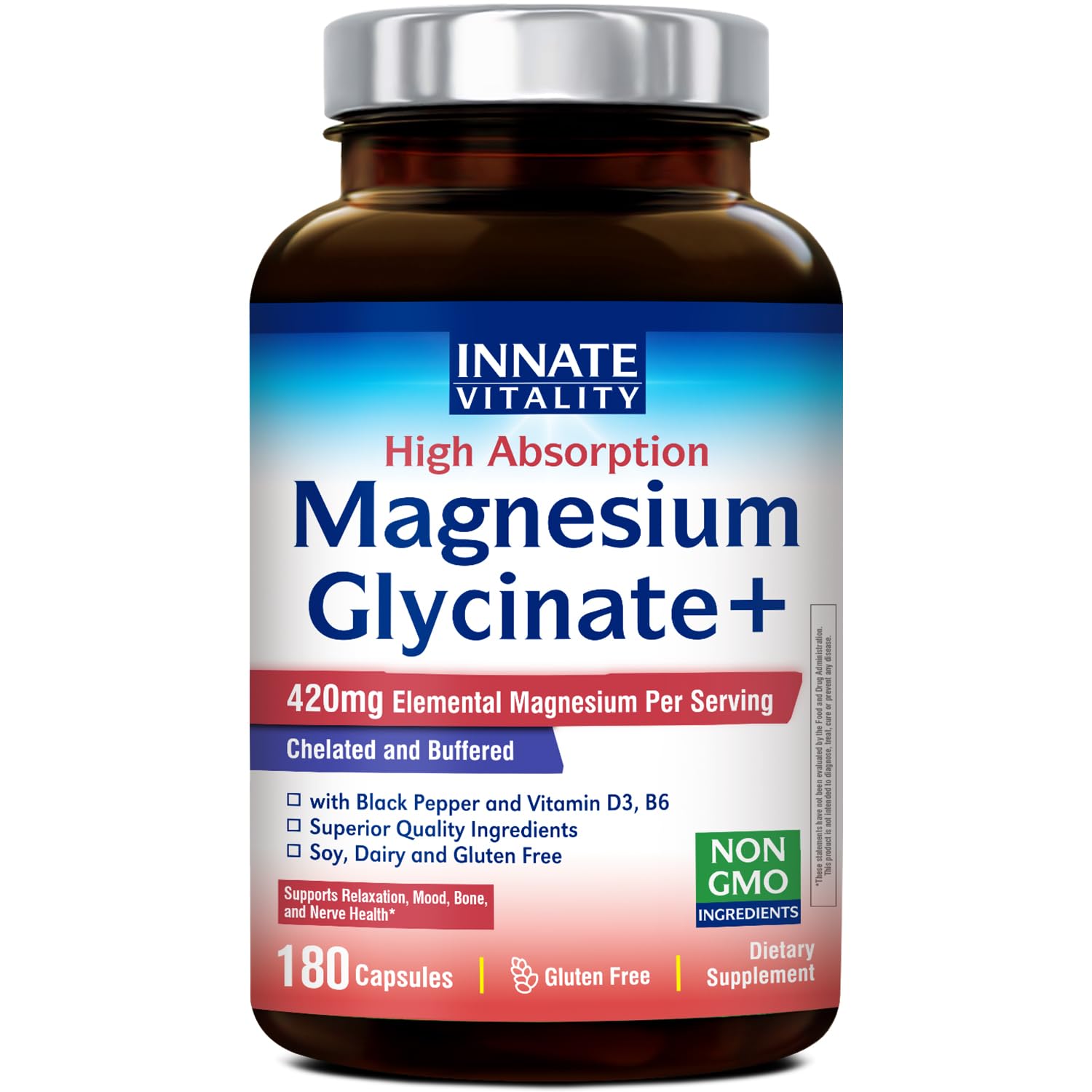 Innate Vitality Magnesium Glycinate Complex, 420mg Elemental Magnesium Per Serving, Enhanced Absorption, Black Pepper, Vitamin D3 & B6, Sleep Mood Bone Nerve Support, 180 Caps - dailyvitalstore