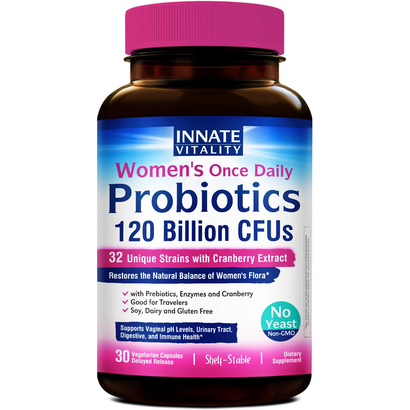 Innate Vitality Women's Probiotics, 120 Billion CFU, 32 Tested Strains, Probiotics for Women, Yeast Control, Vaginal pH Support, Prebiotics, Digestive Enzymes, Cranberry, Once Daily 30 Veggie Capsules - dailyvitalstore