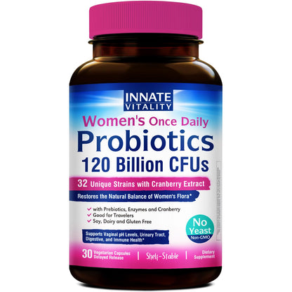 Innate Vitality Women's Probiotics, 120 Billion CFU, 32 Tested Strains, Probiotics for Women, Yeast Control, Vaginal pH Support, Prebiotics, Digestive Enzymes, Cranberry, Once Daily 30 Veggie Capsules - dailyvitalstore