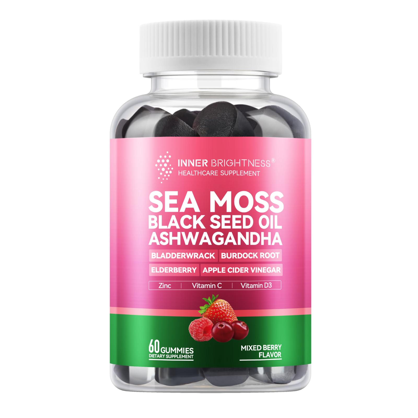 Inner Brightness Sea Moss 4000mg Gummies with Ashwagandha, Elderberry, Apple Cider Vinegar, Bladderwrack, Burdock Root – Immune Support – Mixed Berry Flavor – 60 Count - dailyvitalstore