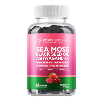 Inner Brightness Sea Moss 4000mg Gummies with Ashwagandha, Elderberry, Apple Cider Vinegar, Bladderwrack, Burdock Root – Immune Support – Mixed Berry Flavor – 60 Count - dailyvitalstore