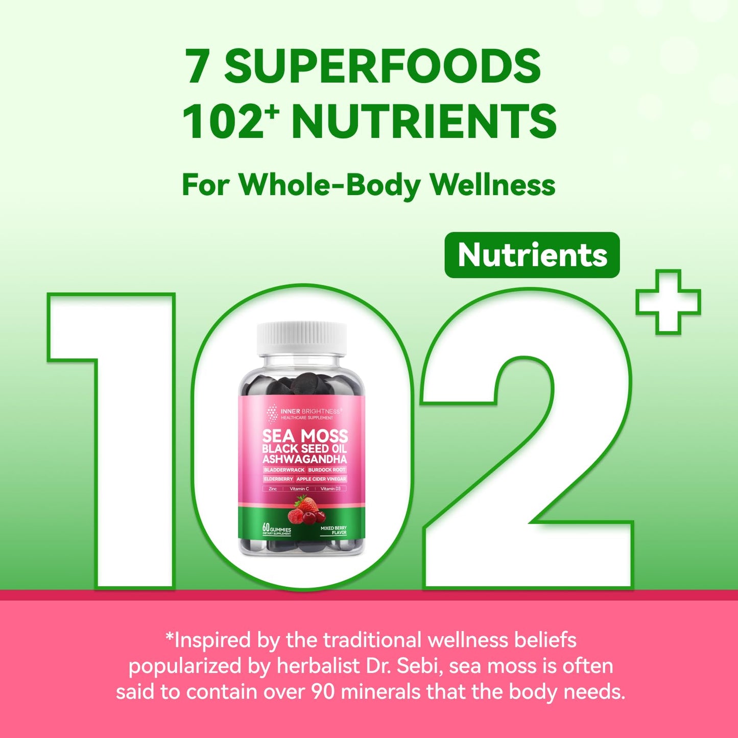 Inner Brightness Sea Moss 4000mg Gummies with Ashwagandha, Elderberry, Apple Cider Vinegar, Bladderwrack, Burdock Root – Immune Support – Mixed Berry Flavor – 60 Count - dailyvitalstore