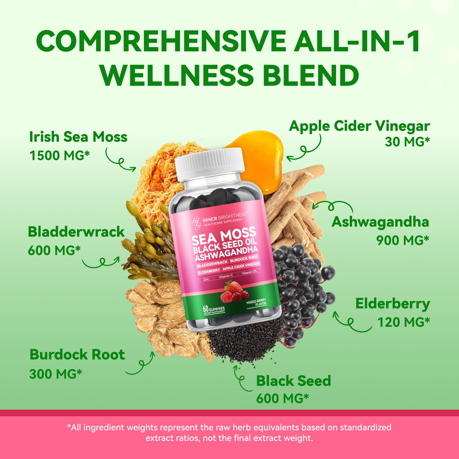 Inner Brightness Sea Moss 4000mg Gummies with Ashwagandha, Elderberry, Apple Cider Vinegar, Bladderwrack, Burdock Root – Immune Support – Mixed Berry Flavor – 60 Count - dailyvitalstore