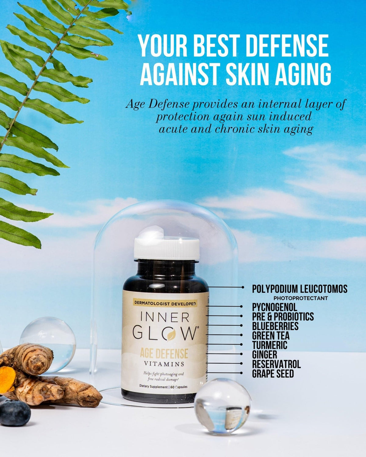 Inner Glow Age Defense Vitamins - Dermatologist and Plastic Surgeon Developed to Fight photoaging and Melasma, Polypodium Leucotomos Antioxidant Formula – Vegan, Gluten-Free – 60 Capsules - dailyvitalstore