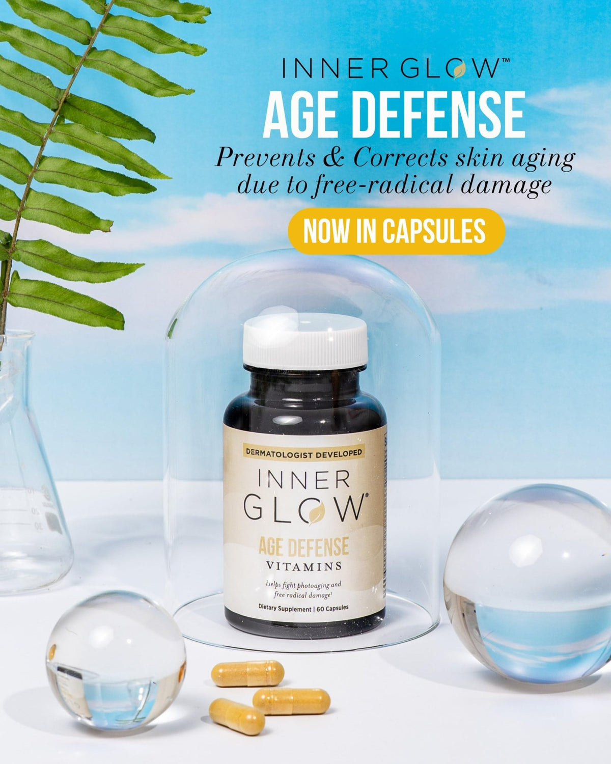 Inner Glow Age Defense Vitamins - Dermatologist and Plastic Surgeon Developed to Fight photoaging and Melasma, Polypodium Leucotomos Antioxidant Formula – Vegan, Gluten-Free – 60 Capsules - dailyvitalstore