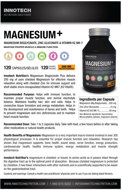 Innotech Nutrition Magnesium Plus Muscle Bone & Sleep Support Magnesium Bisglycinate Zinc & Vitamin K2 120 Vegan Capsules - dailyvitalstore