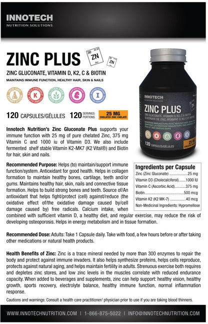 Innotech Nutrition Zinc Plus Immune Hair Skin & Nails Support Chelated Zinc Vitamin D3 & Biotin 120 Vegan Capsules - dailyvitalstore
