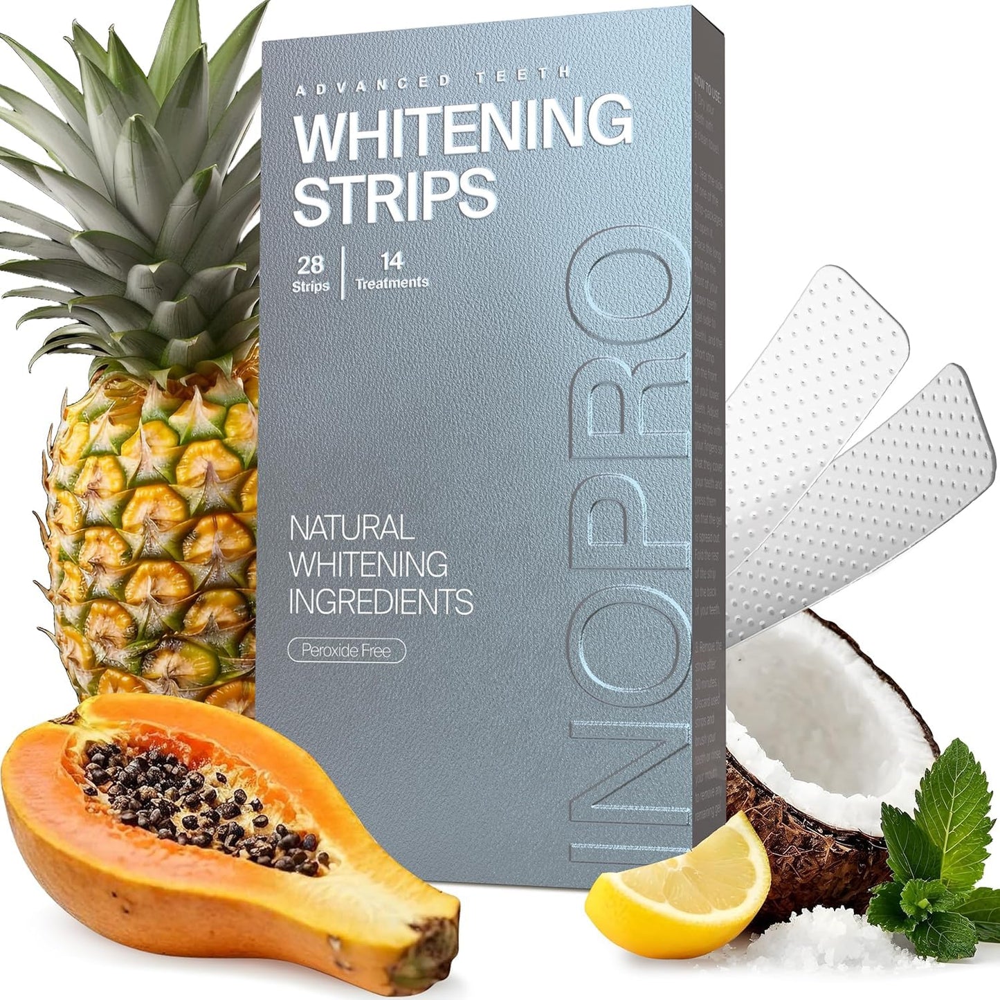 InoPro Natural Teeth Whitening Strips Kit 14 Treatments - Sensitive Teeth Whitener, Peroxide Free with Papain, Bromelain, Coconut Oil - dailyvitalstore