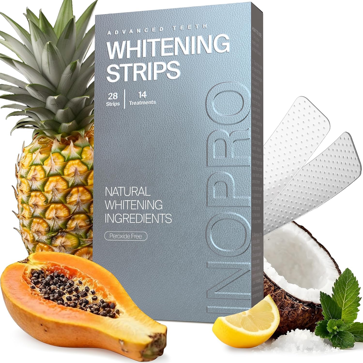 InoPro Natural Teeth Whitening Strips Kit 14 Treatments - Sensitive Teeth Whitener, Peroxide Free with Papain, Bromelain, Coconut Oil - dailyvitalstore
