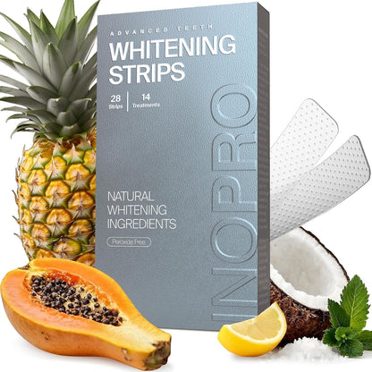 InoPro Natural Teeth Whitening Strips Kit 14 Treatments - Sensitive Teeth Whitener, Peroxide Free with Papain, Bromelain, Coconut Oil - dailyvitalstore