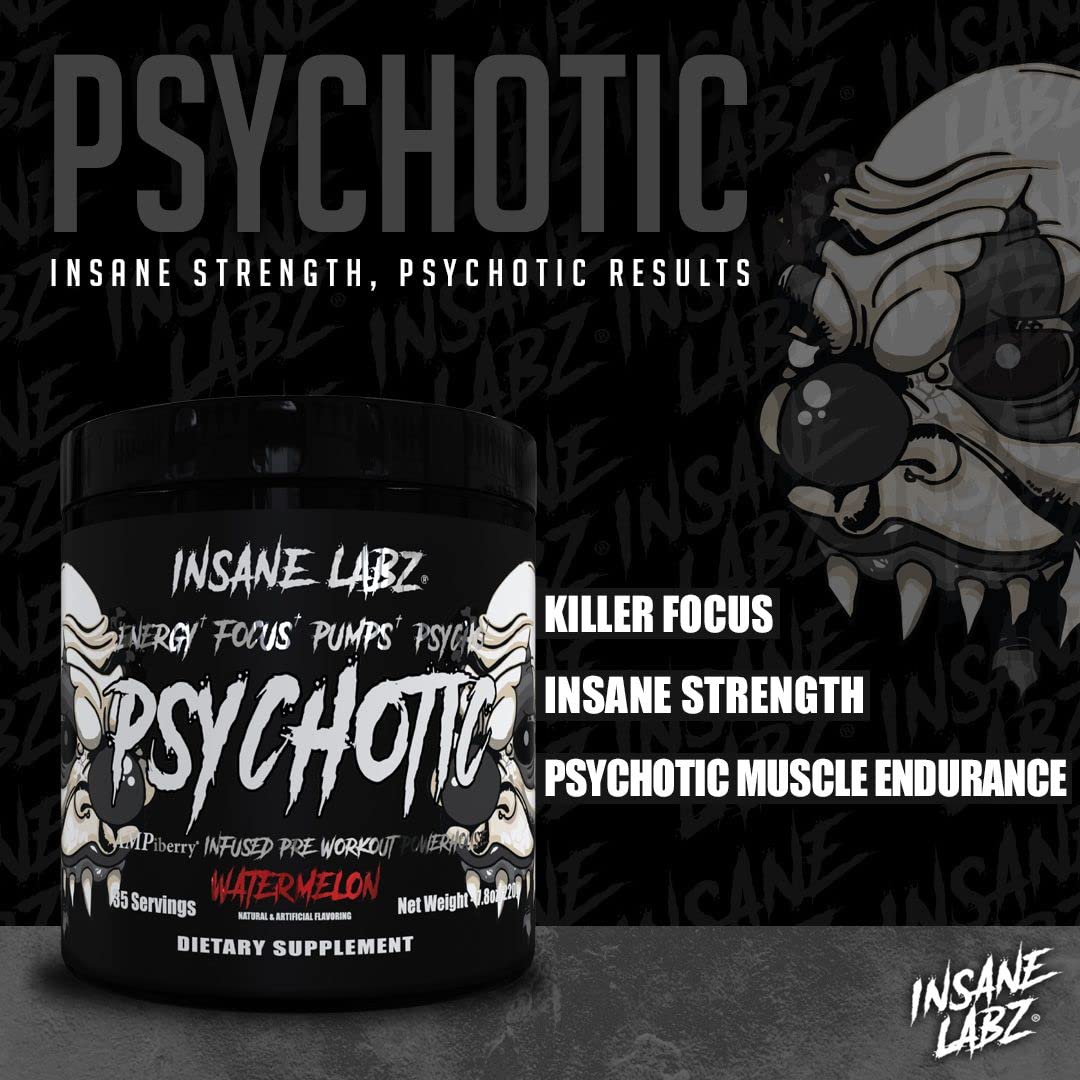Insane Labz Psychotic Black Edition Mid Stimulant Pre Workout Powder, Energy Focus Pumps, Loaded with Creatine Beta Alanine Taurine Fueled by AMPiberry, 35 Servings (Blue Raspberry) - dailyvitalstore