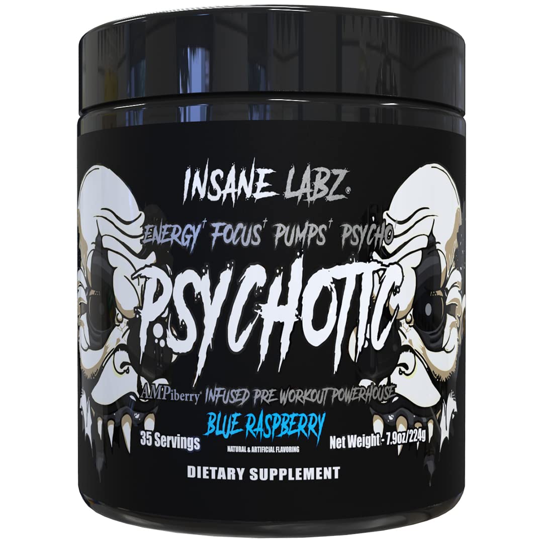 Insane Labz Psychotic Black Edition Mid Stimulant Pre Workout Powder, Energy Focus Pumps, Loaded with Creatine Beta Alanine Taurine Fueled by AMPiberry, 35 Servings (Blue Raspberry) - dailyvitalstore