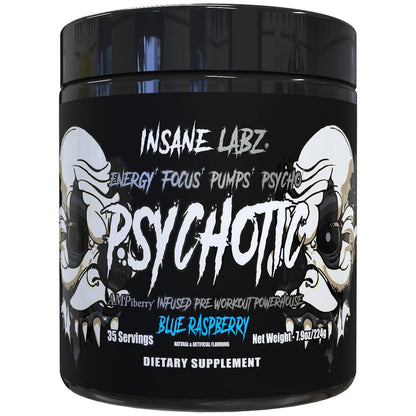 Insane Labz Psychotic Black Edition Mid Stimulant Pre Workout Powder, Energy Focus Pumps, Loaded with Creatine Beta Alanine Taurine Fueled by AMPiberry, 35 Servings (Blue Raspberry) - dailyvitalstore