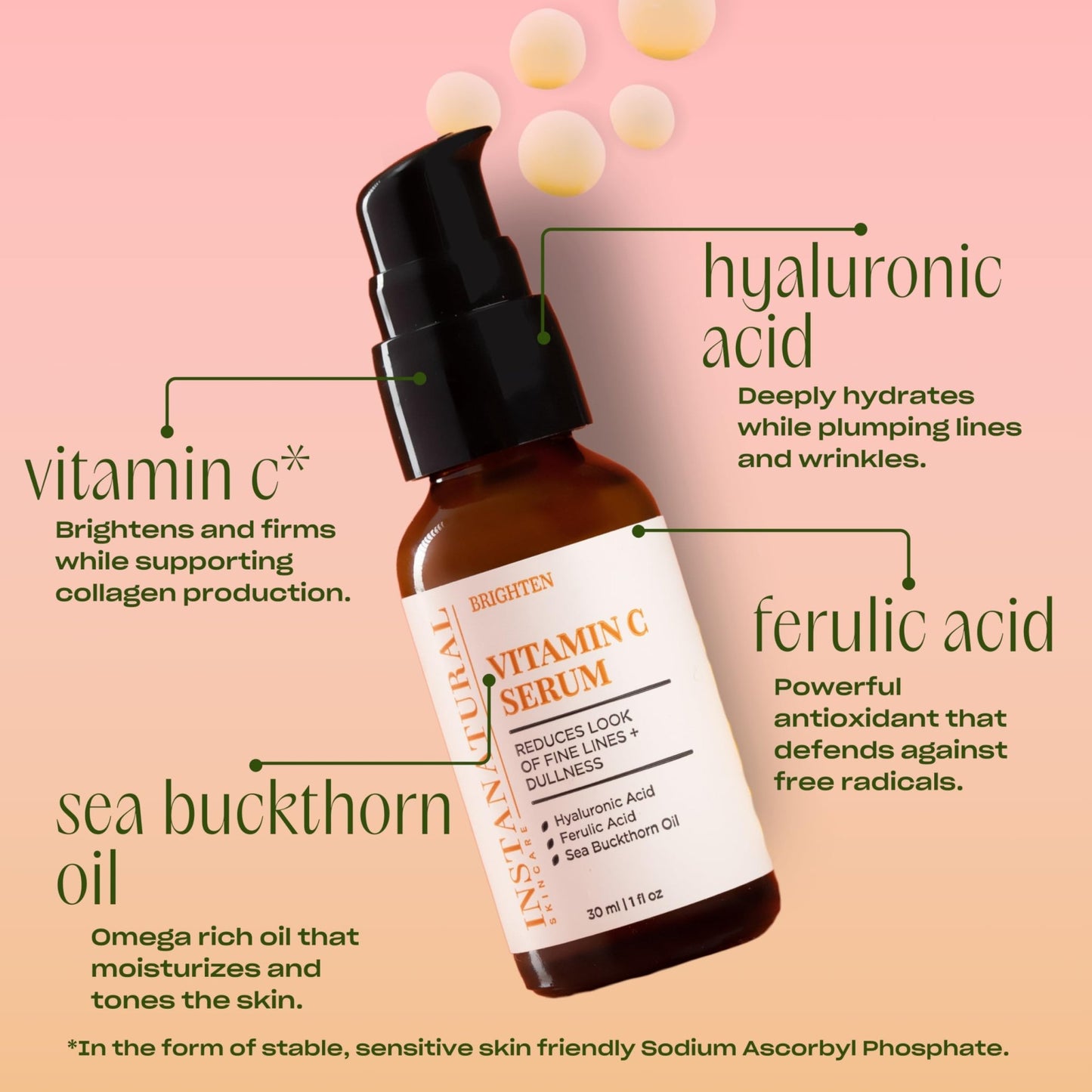InstaNatural Vitamin C Face Serum, Brightens, Hydrates and Reduces Signs of Aging, with Vitamin C, Hyaluronic and Ferulic Acid, 1 FL Oz - dailyvitalstore