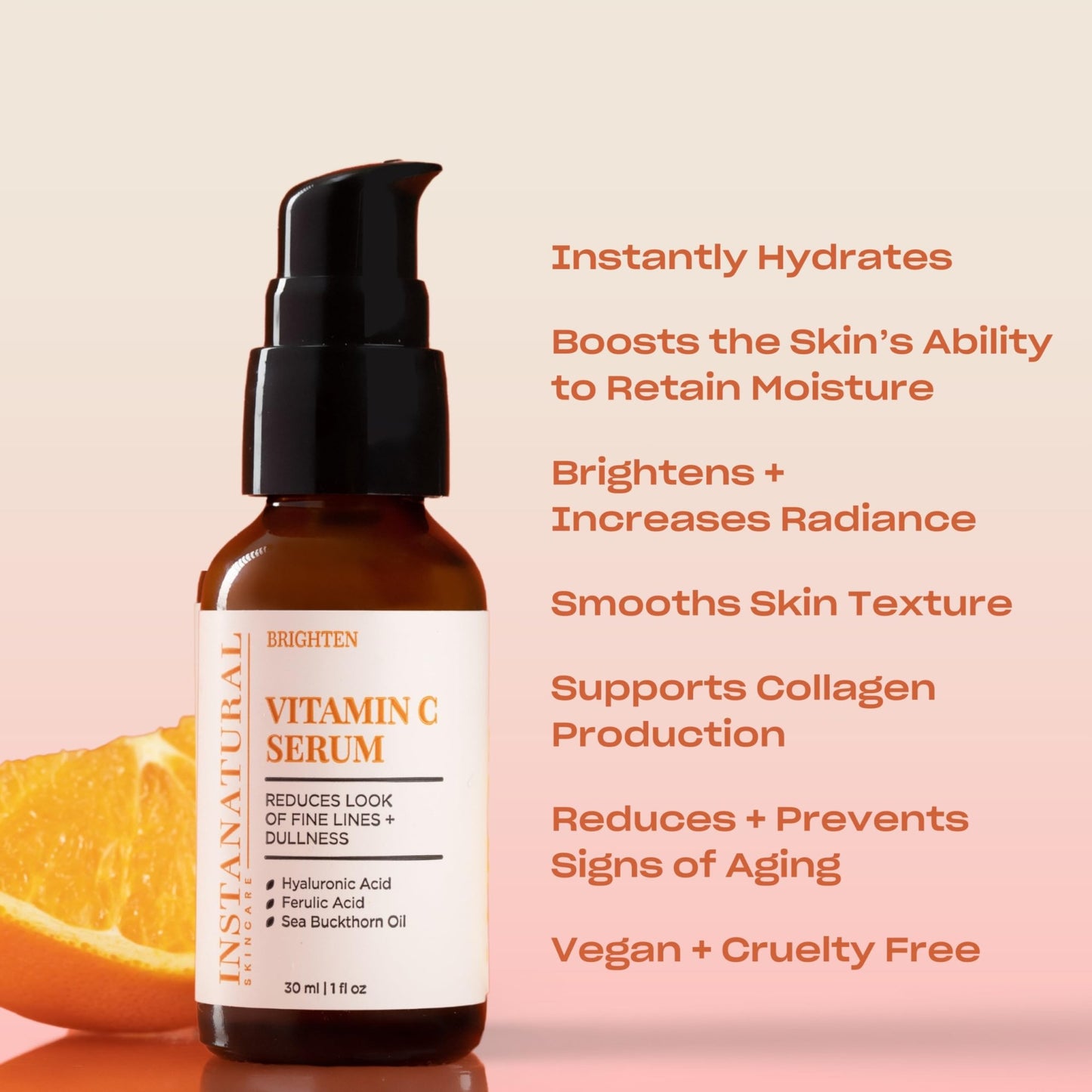 InstaNatural Vitamin C Face Serum, Brightens, Hydrates and Reduces Signs of Aging, with Vitamin C, Hyaluronic and Ferulic Acid, 1 FL Oz - dailyvitalstore