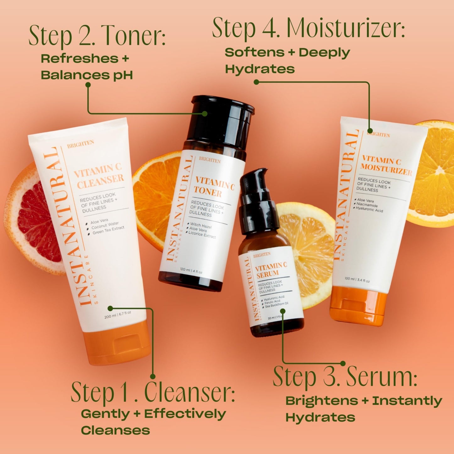 InstaNatural Vitamin C Face Serum, Brightens, Hydrates and Reduces Signs of Aging, with Vitamin C, Hyaluronic and Ferulic Acid, 1 FL Oz - dailyvitalstore